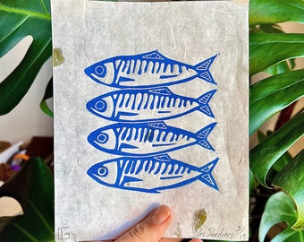 Impression linogravure originale faite main « Les sardines » - Édition limitée - Art coloré