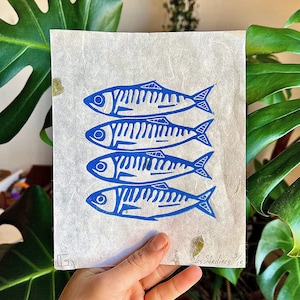 Impression linogravure originale faite main « Les sardines » - Édition limitée - Art coloré