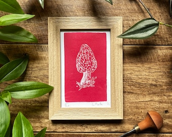 Original Handmade Linocut Print 'La morille' Mushroom - Limited Edition - Colorful Art