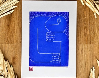 Originele handgemaakte Linosnede print 'Blue Night' A3 - Limited Edition - Kleurrijke kunst