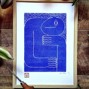 Original Handmade Linocut Print 'Blue Night' Limited Edition Colorful Art image 3