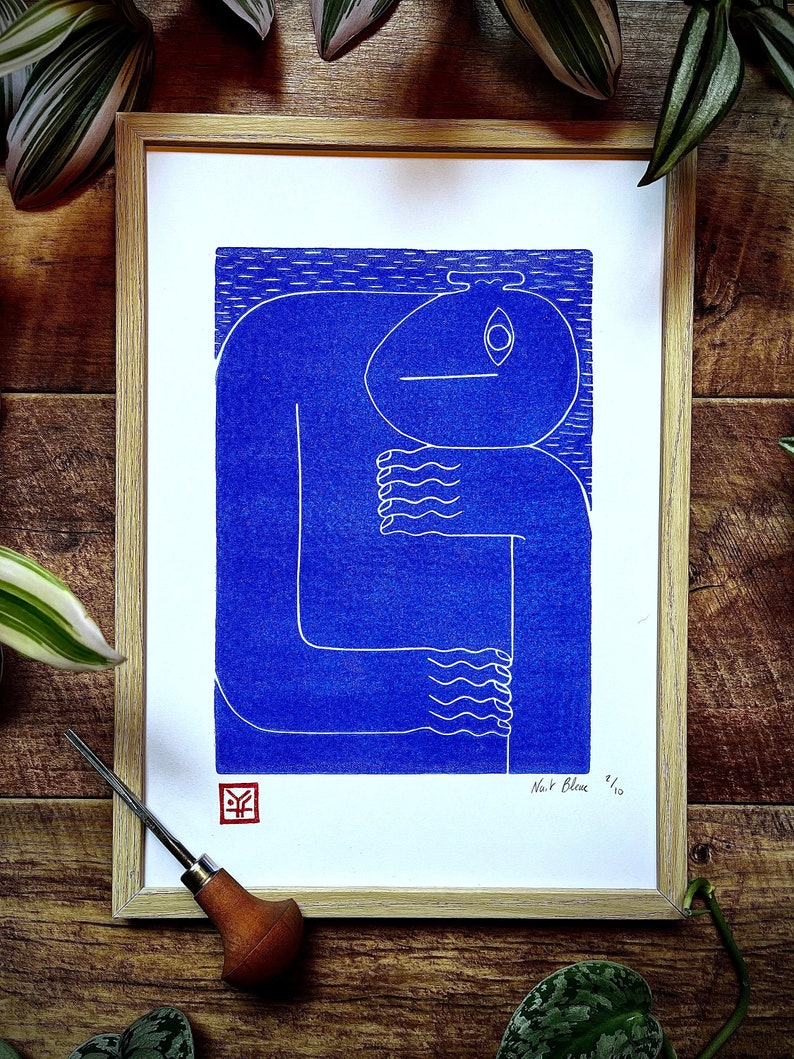 Original Handmade Linocut Print 'Blue Night' Limited Edition Colorful Art image 3