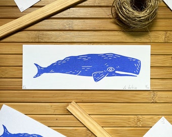 Impression linogravure originale faite main « La baleine » - Édition limitée - Art coloré