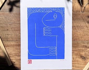 Original Handmade Linocut Print A3 Blue Night - Limited Edition - Colorful Art