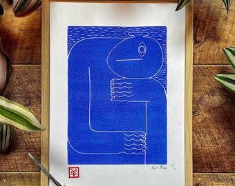 Originele handgemaakte Linosnede print 'Blue Night' - Limited Edition - Kleurrijke kunst