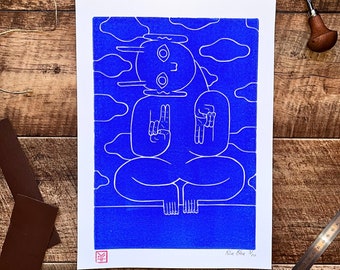 Original Handmade Linocut Print 'Blue Dream' - Limited Edition - Colorful Art