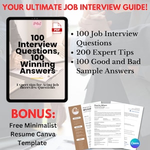 Puede incluir: Una guía digital para entrevistas de trabajo con una portada azul y blanca que muestra el texto "100 Preguntas de Entrevista, 100 Respuestas Ganadoras". La guía incluye 100 preguntas de entrevista de trabajo, 200 consejos de expertos, 100 ejemplos de respuestas buenas y malas, y una plantilla de currículum minimalista gratuita de Canva.