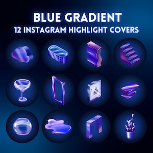 May include: A digital graphic featuring 12 Instagram highlight covers with a blue gradient theme. Each cover is a different icon, including a cloud, pool, stairs, wine glass, and more, all in a vibrant blue color scheme against a dark blue background.
