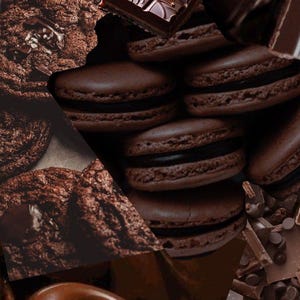 Puede incluir: Un collage de varios postres de chocolate. La imagen presenta barras de chocolate, galletas, macarons y donuts cubiertos de chocolate. Los postres son en tonos marrones, creando una imagen rica y tentadora.