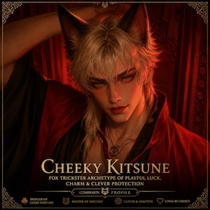 Puede incluir: Ilustración digital de una persona con orejas de zorro y cabello rubio, vestida con una túnica roja y negra. La imagen contiene el texto "Cheeky Kitsune" y describe al personaje como un arquetipo de embaucador zorro. La imagen también incluye iconos y texto que detallan los rasgos del personaje.