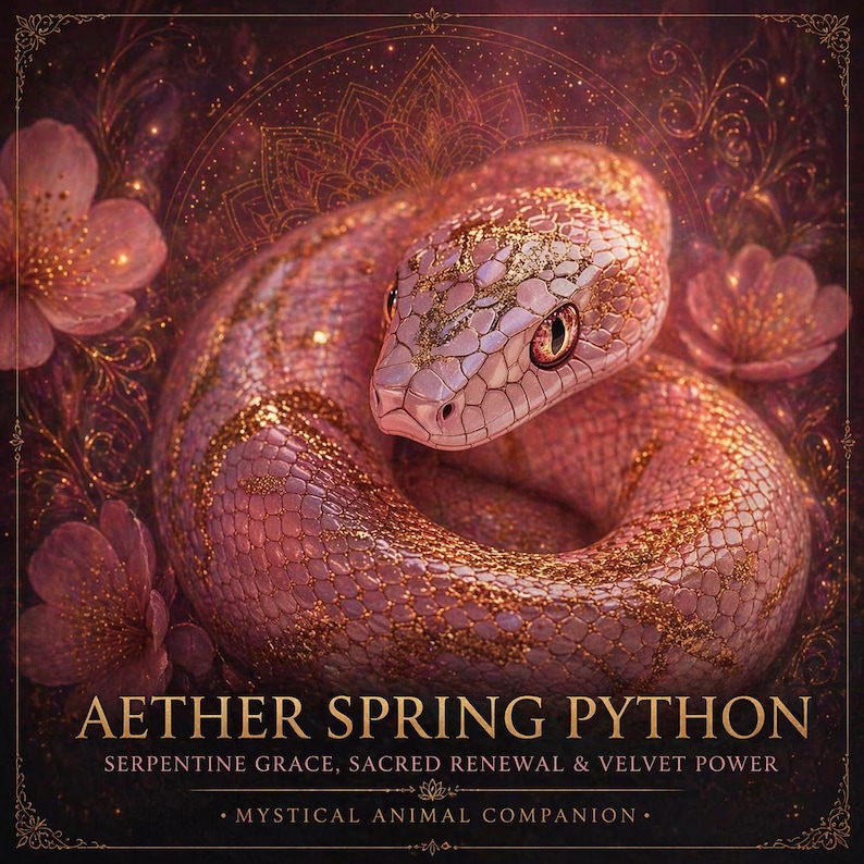 May include: A digital illustration of a coiled pink python with gold accents and intricate patterns. The image features the text "AETHER SPRING PYTHON" and "SERPENTINE GRACE, SACRED RENEWAL & VELVET POWER". Pink flowers and a decorative background complete the design.