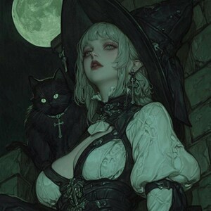 May include: Digital illustration of a woman with pale skin, wearing a black witch hat and a dark corset over a white blouse. A black cat with glowing green eyes sits beside her. A full moon is in the background.