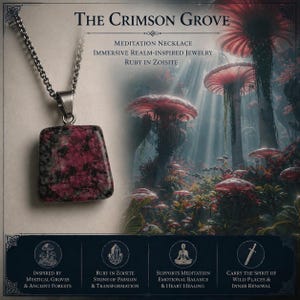 May include: A square-shaped ruby in zoisite pendant on a silver-toned chain. The image features text including "The Crimson Grove," "Meditation Necklace," and "Ruby in Zoisite," alongside a background illustration of a forest with large mushrooms.
