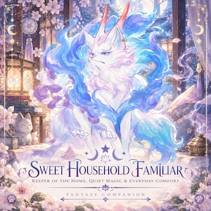 May include: A digital illustration of a white fox-like creature with blue and purple flowing fur, horns, and a stern expression. The text reads: SWEET HOUSEHOLD FAMILIAR, KEEPER OF THE HOME, QUIET MAGIC & EVERYDAY COMFORT, FANTASY COMPANION, surrounded by flowers.