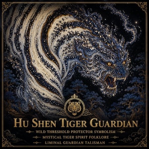 May include: A square graphic print featuring a stylised tiger composed of swirling blue, gold, and white cosmic patterns. Below the tiger is a circular emblem with a tiger face and the text: Hu Shen Tiger Guardian, Wild Threshold Protector Symbolism, Mystical Tiger Spirit Folklore, Liminal Guardian Talisman.