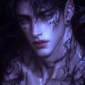 Puede incluir: Retrato de arte digital de una persona con cabello oscuro y ojos azules, iluminado por una luz azul fría. La persona tiene marcas oscuras alrededor de los ojos y en el cuello, con un collar de cadena plateada y múltiples piercings.