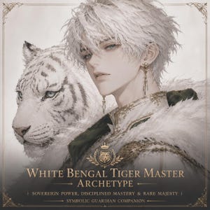 May include: An artistic illustration featuring a person with white hair and blue eyes, accompanied by a white Bengal tiger. The person wears a white and gold embellished outfit. Text reads "White Bengal Tiger Master Archetype".