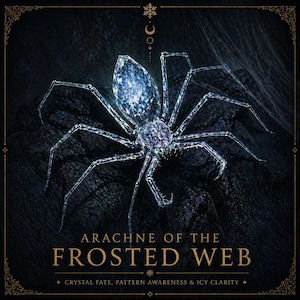 May include: A digital art image of a crystal spider with a blue and silver color scheme. The spider is set against a dark background with the text "Arachne of the Frosted Web". The image also includes the text "Crystal Fate, Pattern Awareness & Icy Clarity".