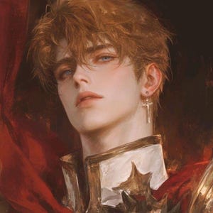 Puede incluir: Pintura digital de una persona con cabello casta&ntilde;o rojizo y ojos azules. La persona lleva un uniforme blanco y dorado adornado con una capa roja. Un pendiente de cruz plateada cuelga de la oreja.