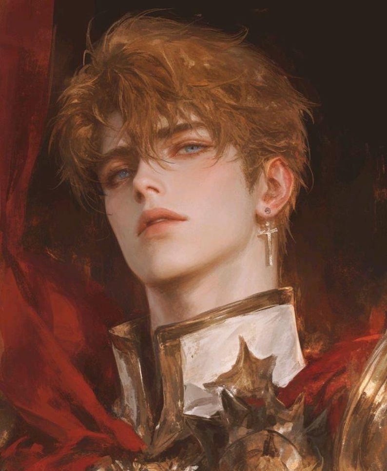 Puede incluir: Pintura digital de una persona con cabello casta&ntilde;o rojizo y ojos azules. La persona lleva un uniforme blanco y dorado adornado con una capa roja. Un pendiente de cruz plateada cuelga de la oreja.