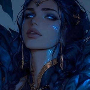 May include: Digital art portrait of a woman with blue skin and glowing blue eyes. She has long, dark blue hair and is adorned with gold jewelry. The artwork has a fantasy theme, with a focus on mystical elements and a celestial aesthetic.