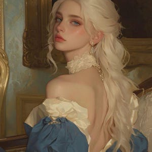 Puede incluir: Una pintura digital de una persona con cabello largo y rubio platino y ojos azules. Lleva un vestido azul y crema con un escote y mangas con volantes, y una delicada gargantilla de encaje. El fondo presenta una pintura enmarcada.