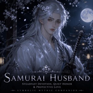 Puede incluir: Una ilustración digital de una persona con cabello largo blanco adornado con flores blancas, vistiendo un kimono blanco y sosteniendo una katana. El texto dice: SAMURAI HUSBAND, STEADFAST DEVOTION, QUIET HONOR & PROTECTIVE LOVE, SYMBOLIC MYTHIC COMPANION.