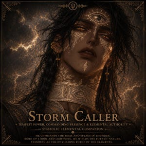 May include: Digital artwork of a person with dark hair and gold embellishments, including detailed patterns and jewellery. The image displays the text "STORM CALLER" and further text describing the character's elemental power and commanding presence. The background shows a stormy sky.