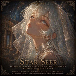 May include: An artistic illustration of a woman with long, flowing silver hair and a veil, gazing upwards. The image features the text "STAR SEER" and additional text about cosmic insight and divine guidance. The artwork has a celestial theme with a dark background and sparkling details.