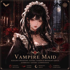 Peut inclure: Illustration d'une femme en costume de femme de chambre noir et blanc avec le texte "VAMPIRE MAID". L'image a un thème gothique avec une pleine lune en arrière-plan, des roses et des bougies. Le texte comprend également "Elegant Devotion, Gothic Charm & Midnight Grace, Symbolic Gothic Companion."