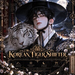 Puede incluir: Una ilustración digital de una persona con vestimenta tradicional negra y un sombrero de ala ancha junto a un tigre blanco. El texto dice: KOREAN TIGER SHIFTER, MOUNTAIN MAJESTY, FIERCE LOYALTY & ANCIENT STRENGTH, ANCIENT SPIRITS STILL WALK BESIDE YOU, FIERCE LOYAL PROTECTIVE ALWAYS YOURS, STRENGTH IS SOFTER WHEN IT STAYS, SAME SOUL, DIFFERENT FORM.