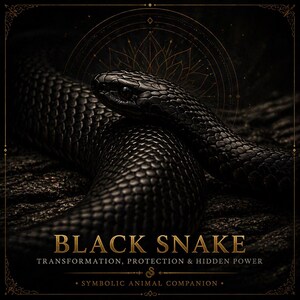 Peut inclure: Image détaillée d'un serpent noir aux écailles texturées, enroulé sur un fond sombre. Le texte "BLACK SNAKE" est affiché en lettres dorées, avec les phrases "TRANSFORMATION, PROTECTION & HIDDEN POWER" et "SYMBOLIC ANIMAL COMPANION."