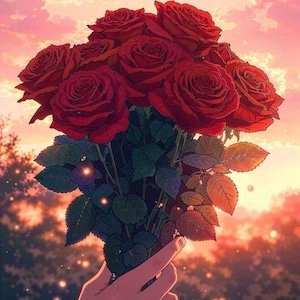 Puede incluir: Un ramo de rosas rojas intensas con hojas y tallos verdes. Las rosas están en plena floración, sostenidas por una mano contra un fondo de puesta de sol con tonos rosas y naranjas. La imagen tiene un estilo suave y artístico.