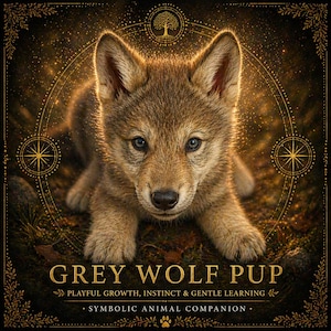 May include: A digital illustration of a grey wolf pup with light brown fur, lying down and looking forward. The image has a golden, starry background with decorative circular elements and the text "GREY WOLF PUP". The text also includes "PLAYFUL GROWTH, INSTINCT & GENTLE LEARNING".