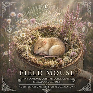Könnte beinhalten: Eine schlafende Feldmaus, eingebettet in ein Moosbett, umgeben von Wildblumen und lila Heidekraut. Das Bild hat eine weiche, verträumte Qualität, mit den Worten "FIELD MOUSE" und anderem Text unten.