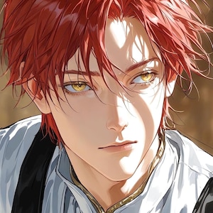 Op de afbeelding: Digitale illustratie van een persoon met felrood haar en gouden ogen. De persoon draagt een wit overhemd met zwarte accenten en een goudkleurige kraag. De afbeelding heeft een zachte, artistieke stijl met focus op het gezicht.