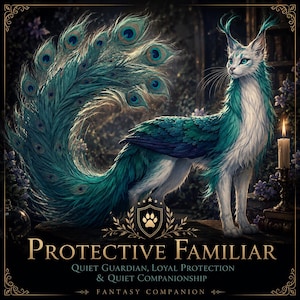 May include: A fantasy creature with white fur, teal-coloured feathers, and a large peacock tail. The text reads: PROTECTIVE FAMILIAR, QUIET GUARDIAN, LOYAL PROTECTION & QUIET COMPANIONSHIP, FANTASY COMPANION. A lit candle stands on a dark surface nearby.