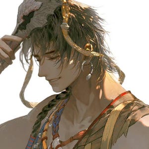 May include: An illustration of a person wearing a decorative headpiece and ornate jewelry. The headpiece resembles a stylized animal skull with gold accents. Braided hair and a patterned garment add to the artistic design.