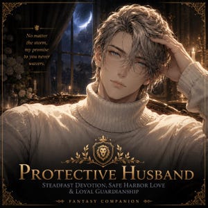 Puede incluir: Una ilustración digital de una persona con cabello castaño claro que viste un suéter de cuello alto color crema. El texto dice: No matter the storm, my promise to you never wavers. Protective Husband, Steadfast Devotion, Safe Harbor Love & Loyal Guardianship, Fantasy Companion.