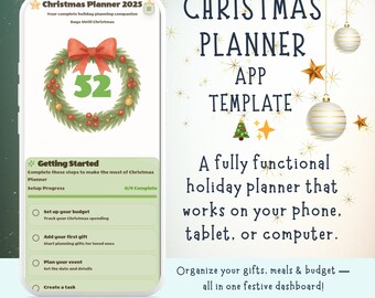 May include: A digital Christmas Planner app template. The app interface displays a wreath with a red bow and the number 52. Text includes "Christmas Planner 2025" and "Getting Started". The app helps organize gifts, meals, and budget.