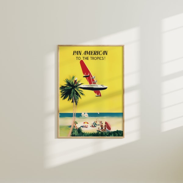 Impression de voyage vintage Pan Am « To The Tropics », art mural en téléchargement numérique, décoration aviation rétro, affiche de compagnie aérienne vintage