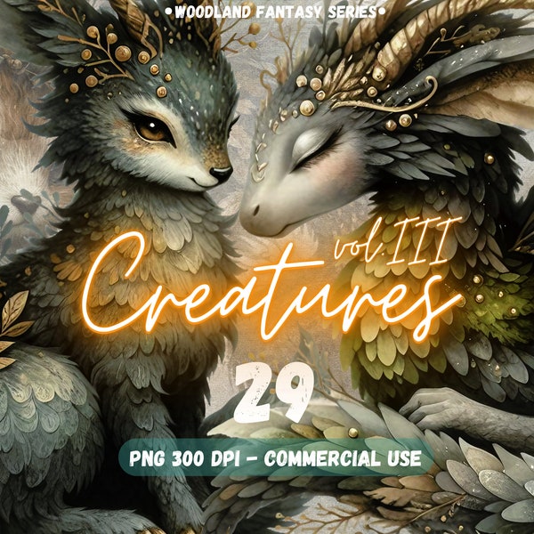Woodland Fantasy Creatures vol. 3 PNG Digital Clipart Bundle Enchanted Forest art Creatures Nature Animal Gift Card Junk Journal Scrapbook