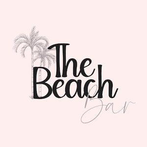 May include: Black and white illustration of palm trees with the text "The Beach Bar" in black cursive font.