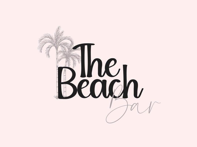 May include: Black and white illustration of palm trees with the text "The Beach Bar" in black cursive font.