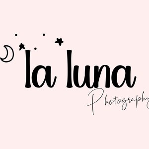 May include: Black and white logo design for a photography business called "la luna photography". The logo features a crescent moon and stars.