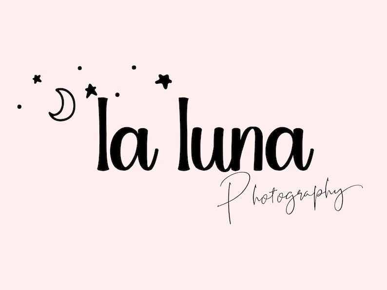May include: Black and white logo design for a photography business called "la luna photography". The logo features a crescent moon and stars.
