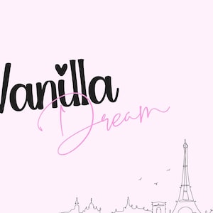 May include: A pink and black graphic design with the text "Vanilla Dream" and a small heart symbol. The design also includes a black line drawing of the Eiffel Tower and other buildings.