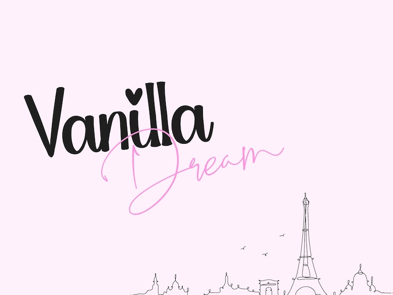 May include: A pink and black graphic design with the text "Vanilla Dream" and a small heart symbol. The design also includes a black line drawing of the Eiffel Tower and other buildings.