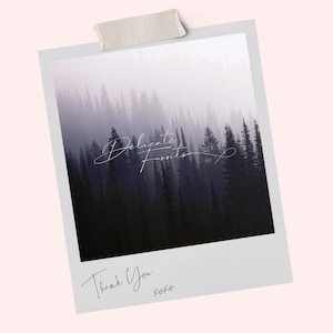 May include: A vintage-style photo of a misty forest with the text "Delicate Fonts" and "Thank You xoxo" written in a cursive font.