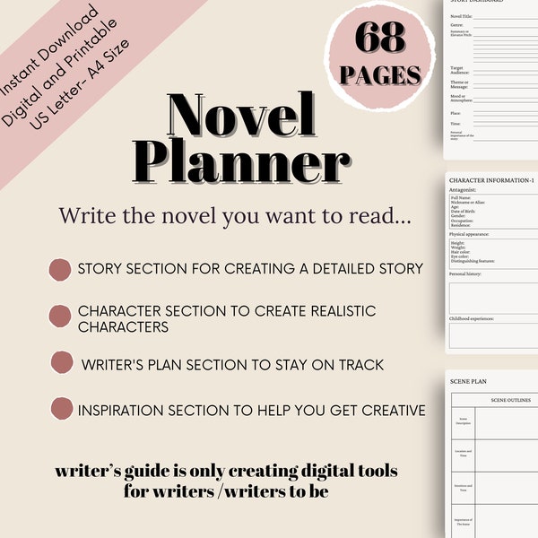 Guided Novel Planner, Printable and Digital Writer's Worksheet, Story Writing Template, Writing Template for New Writers, Author's Guide